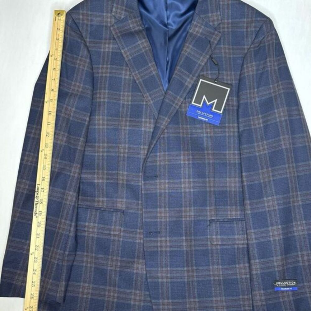 Men's Collection By Michael Strahan Sport Coat Modern Fit‎ Blue Plaid Sz 46 Long